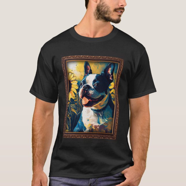 Boston Terrier Painting Sunflower Flower Mum Women T-Shirt (Front)