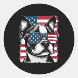 Boston Terrier Patriotic Sunglasess American Flag  Classic Round Sticker