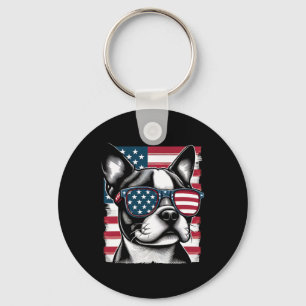 Boston Terrier Patriotic Sunglasess American Flag  Key Ring