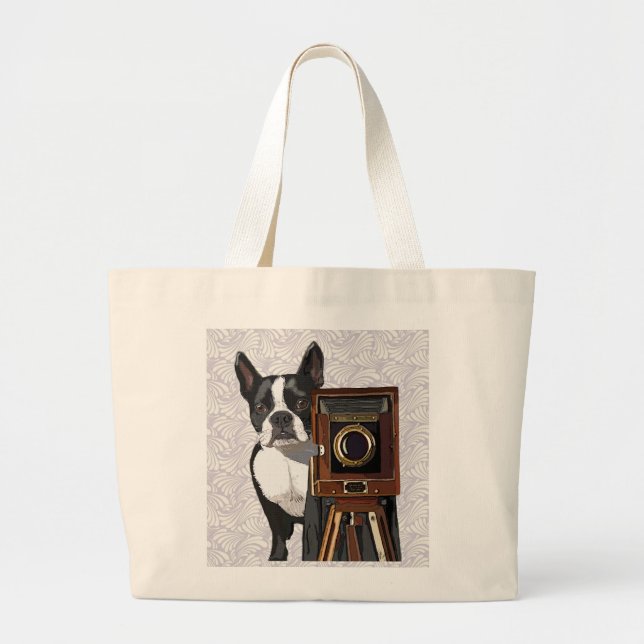 Boston Terrier Photographer 2 Large Tote Bag (Front)