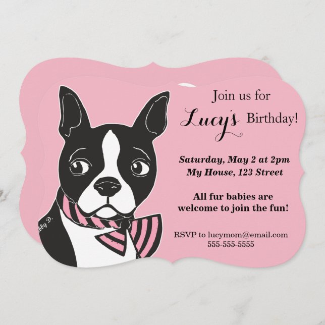 Boston Terrier Pink Birthday Custom Invitation (Front/Back)