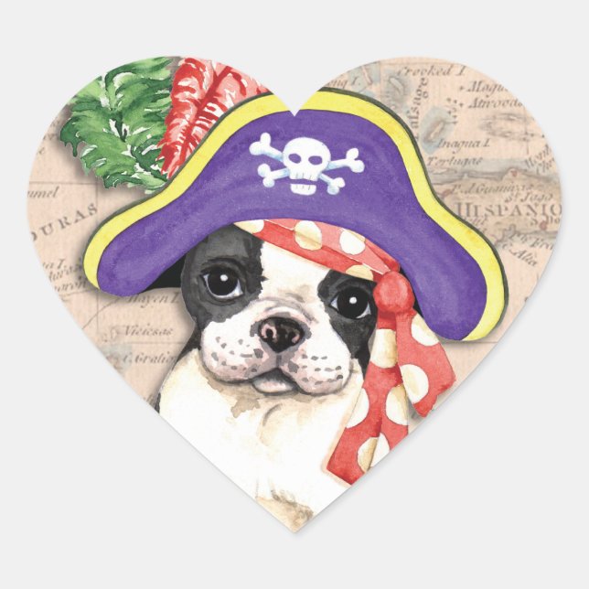 Boston Terrier Pirate Heart Sticker (Front)