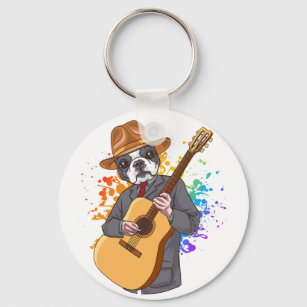 Boston Terrier Playing Acoustic Guitar Button Key Ring