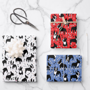 Boston Terrier Playtime Cute Dogs Wrapping Paper Sheet