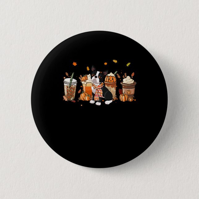 Boston Terrier Pumpkin Spice Latte Iced Autumn Dog 6 Cm Round Badge (Front)