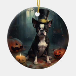 Boston Terrier Pumpkins Halloween Scary Ceramic Ornament