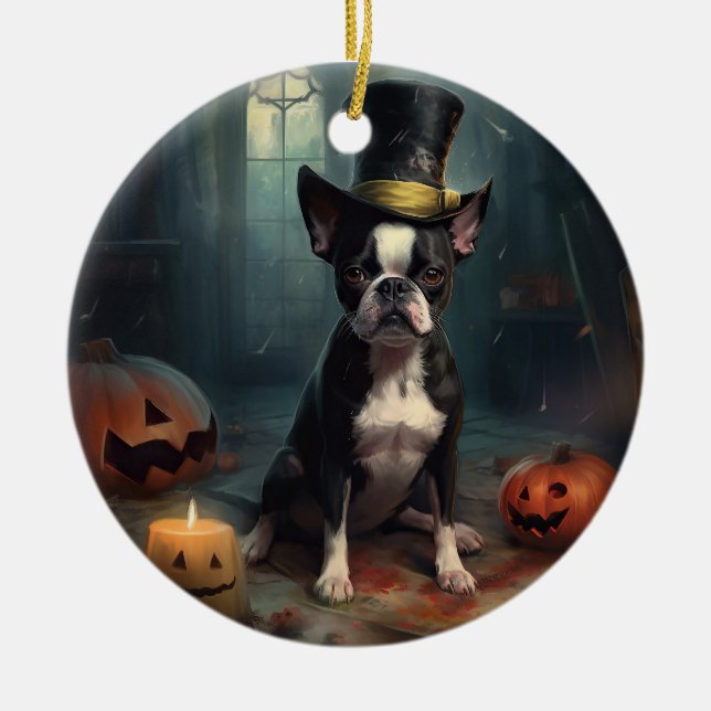 Boston Terrier Pumpkins Halloween Scary Ceramic Ornament (Front)