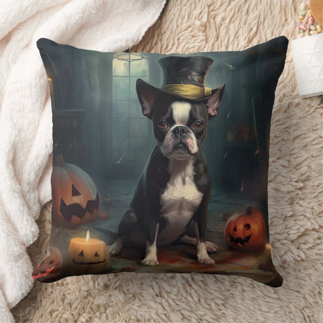 Boston Terrier Pumpkins Halloween Scary Cushion (Blanket)