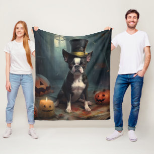 Boston Terrier Pumpkins Halloween Scary Fleece Blanket