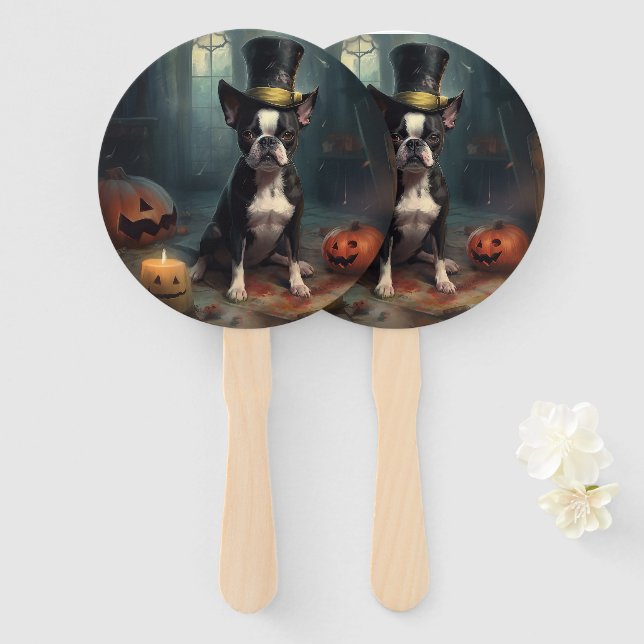 Boston Terrier Pumpkins Halloween Scary Hand Fan (Front and Back)