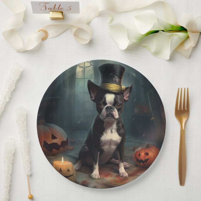 Boston Terrier Pumpkins Halloween Scary Paper Plate (Wedding)