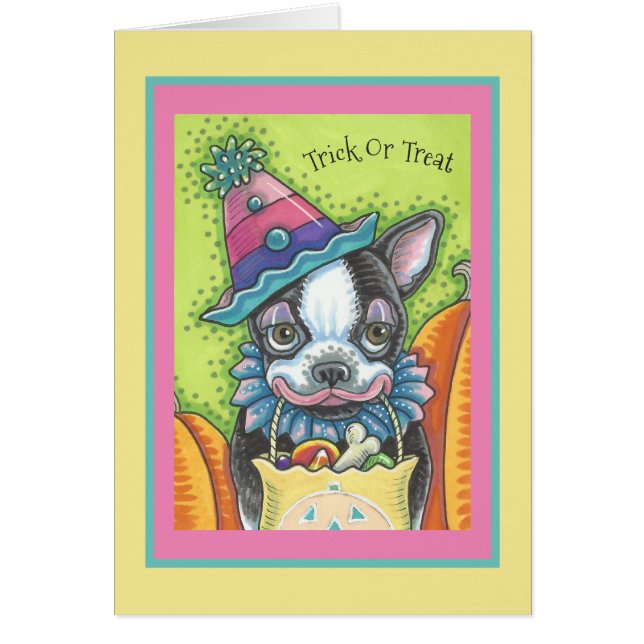 BOSTON TERRIER PUP, HALLOWEEN CLOWN DOG CARD Verse (Front)