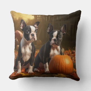 Boston Terrier Puppy Autumn Delight Pumpkin Cushion