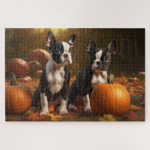 Boston Terrier Puppy Autumn Delight Pumpkin Jigsaw Puzzle