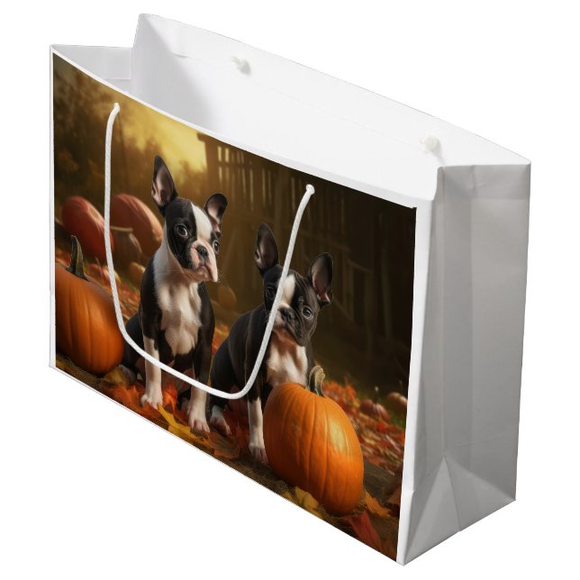 Boston Terrier Puppy Autumn Delight Pumpkin Large Gift Bag (Front Angled)