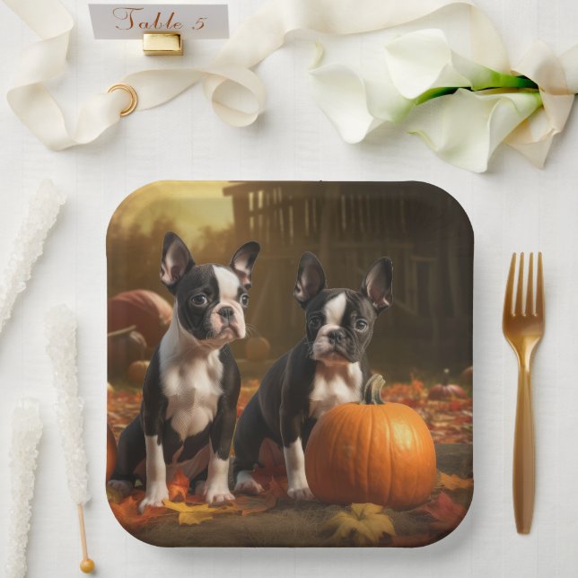 Boston Terrier Puppy Autumn Delight Pumpkin Paper Plate (Wedding)