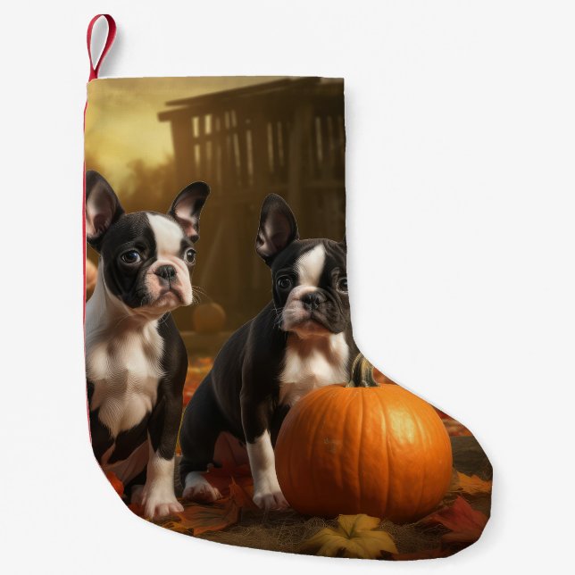 Boston Terrier Puppy Autumn Delight Pumpkin Small Christmas Stocking (Front)