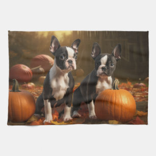 Boston Terrier Puppy Autumn Delight Pumpkin Tea Towel