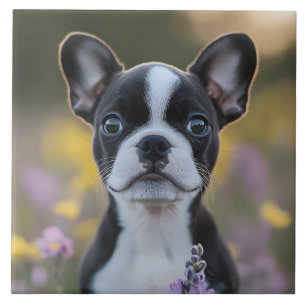 Boston Terrier Puppy Lupine Flowers Ceramic Tile