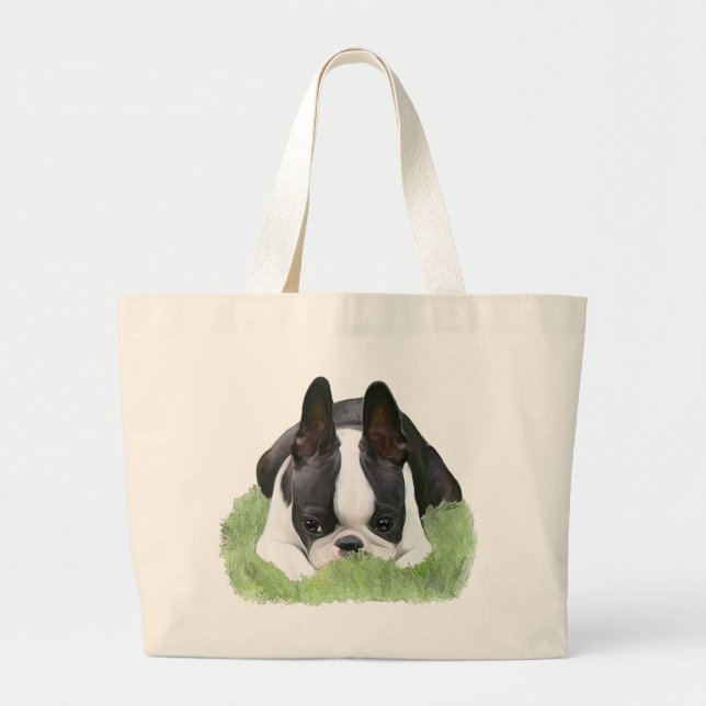 Boston terrier puppy resting large tote bag (Front)