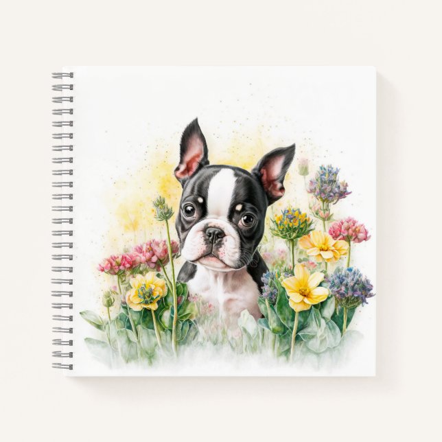 Boston Terrier Puppy Surrounded by Wildflowers Notebook (Front)
