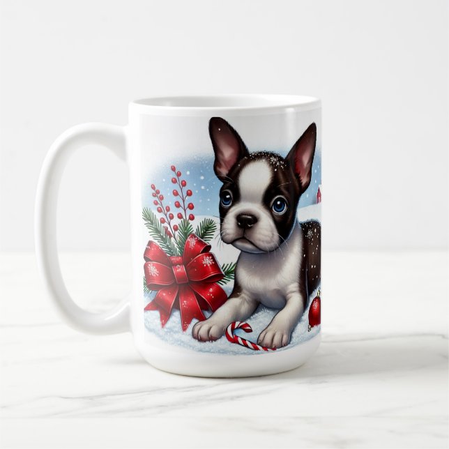  Boston Terrier Puppy With Christmas Decorations Coffee Mug (Left)