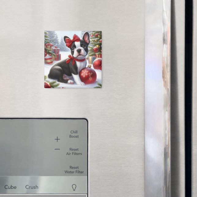 Boston Terrier Puppy with Christmas Ornaments  Magnet (In Situ (Fridge))