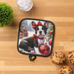 Boston Terrier Puppy with Christmas Ornaments Pot Holder