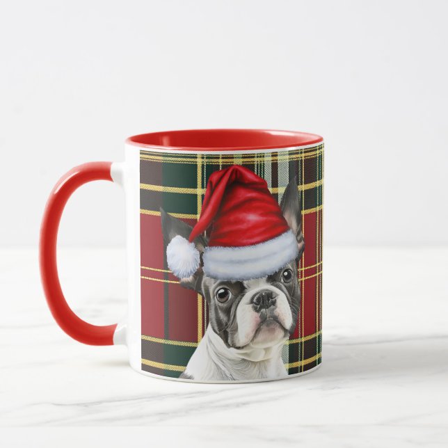 Boston Terrier Red Green Holiday Plaid Christmas Mug (Left)