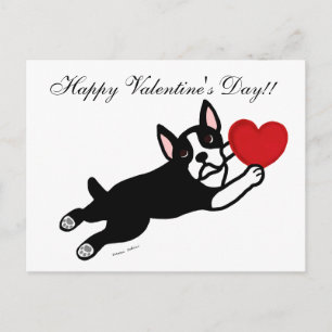 Boston Terrier & Red Heart Cartoon Holiday Postcard
