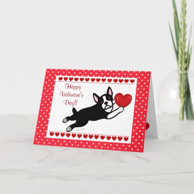 Boston Terrier & Red Heart Valentine Holiday Card (Front)
