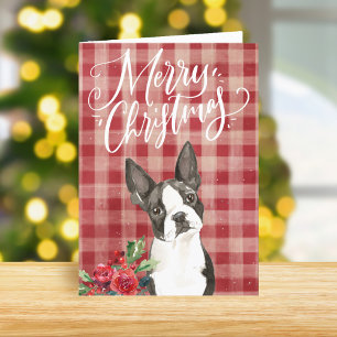 Boston Terrier Red Plaid Christmas Holiday Card
