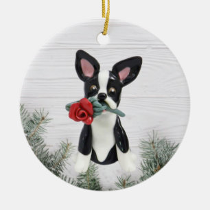 Boston Terrier Red Rose Christmas ornament