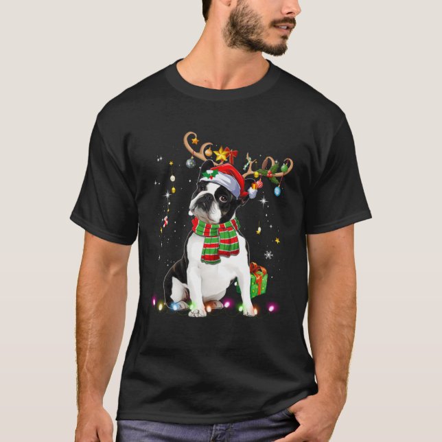 Boston Terrier Reindder Santa Hat Christmas Tree L T-Shirt (Front)