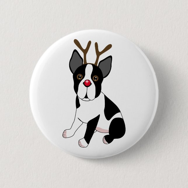Boston Terrier Reindeer 6 Cm Round Badge (Front)