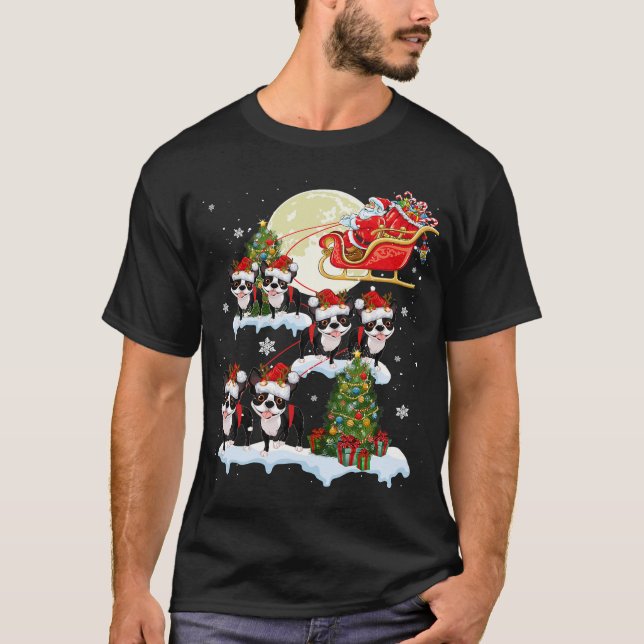 Boston Terrier Reindeer Christmas Santa Riding Dog T-Shirt (Front)