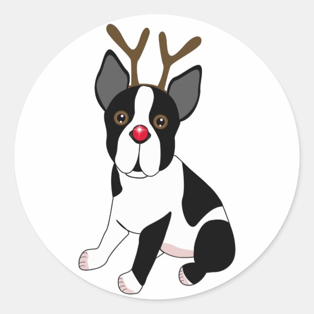 Boston Terrier Reindeer Classic Round Sticker (Front)