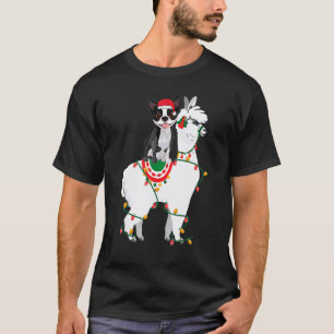 Boston Terrier Riding Llama Lights Santa Christma T-Shirt