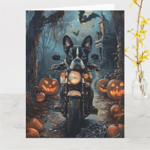 Boston Terrier Riding Motorcycle Halloween Scary Card