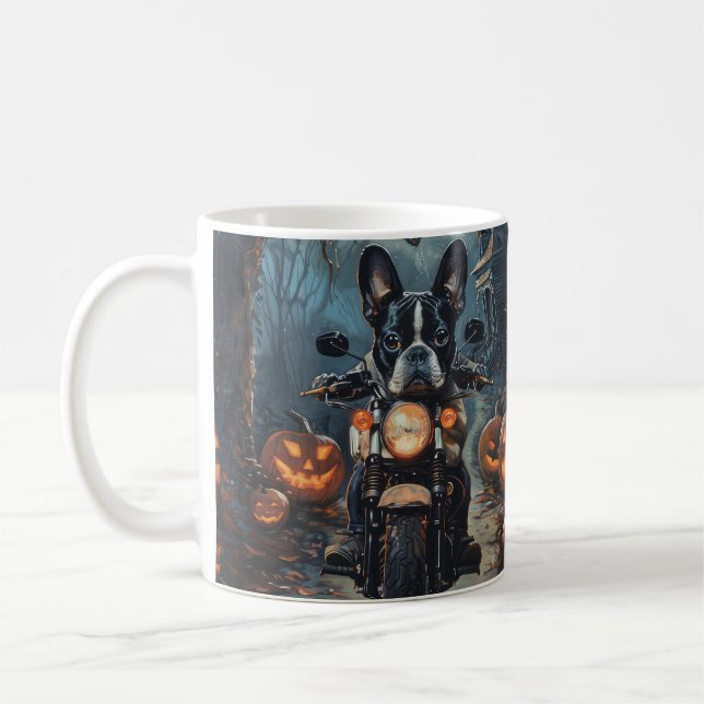 Boston Terrier Riding Motorcycle Halloween Scary Coffee Mug (Left)