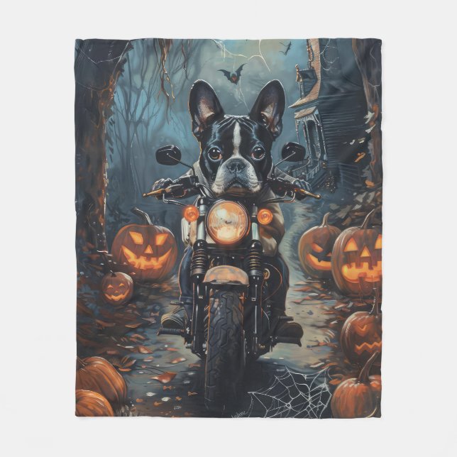 Boston Terrier Riding Motorcycle Halloween Scary Fleece Blanket (Front)
