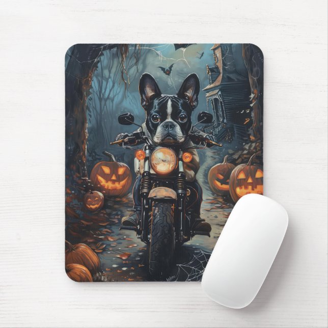 Boston Terrier Riding Motorcycle Halloween Scary Mouse Pad (With Mouse)