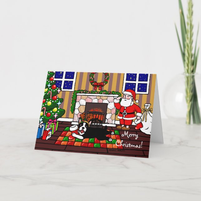 Boston Terrier & Santa Christmas Cartoon 3 Holiday Card (Front)