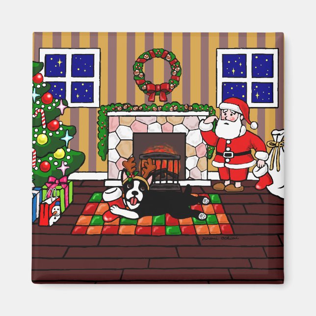 Boston Terrier & Santa Christmas Cartoon 3 Magnet (Front)