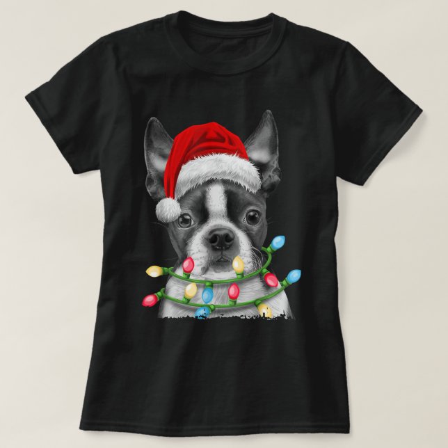 Boston Terrier Santa Christmas Tree Lights Xmas Bo T-Shirt (Design Front)