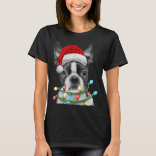 Boston Terrier Santa Christmas Tree Lights Xmas Bo T-Shirt
