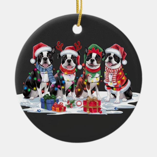 Boston Terrier Santa hat antlers elf Christmas Ceramic Ornament (Front)