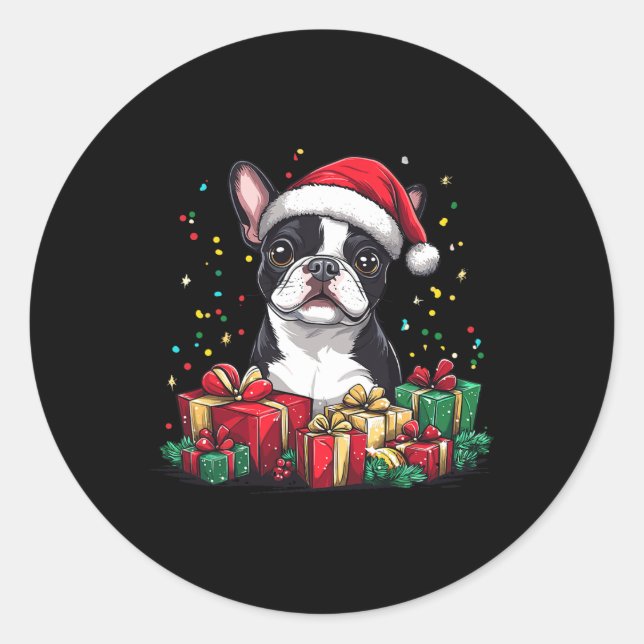 Boston Terrier Santa Hat Funny Christmas Bostie Do Classic Round Sticker (Front)