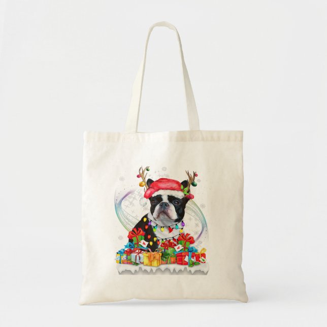 Boston Terrier Santa Hat Reindeer Christmas Tote Bag (Front)