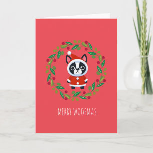 Boston Terrier Santa in a Wreath Holiday Card